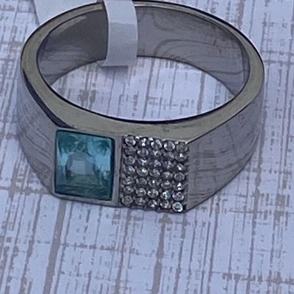 Men's Stainless Steel Ring with Aqua Stone and Pave size 10 - Picture 1 of 5